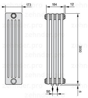 Схема (чертеж) Радиатор Zehnder Charleston 5300/4 №5410 Белый глянцевый RAL 9016